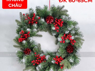 Vòng nguyệt quế có lá PE thông đỏ trái đỏ ĐK 60cm VNGQ-X-40